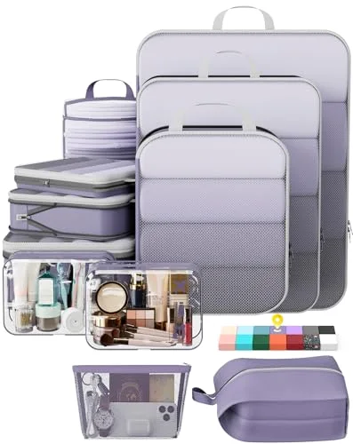 11 Set Compression Packing Cubes Garment Bags for Travel Essentials, Purple Gray