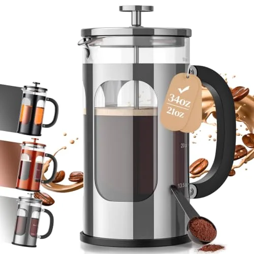French Press Coffee Maker, No Plastic Touching Cafe, Silver