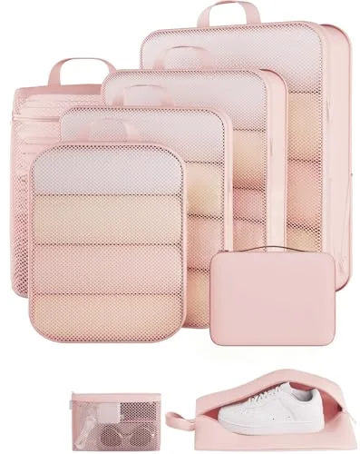 8 Set Compression Packing Cubes Garment Bags for Travel Essentials, Beige