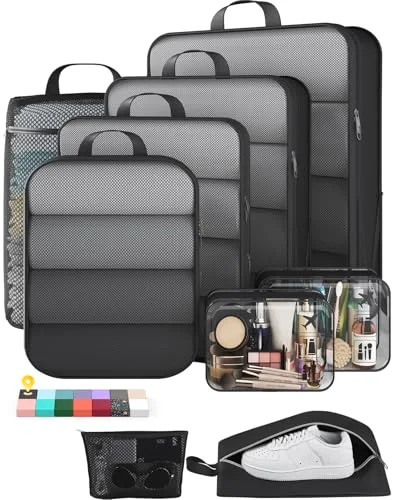 9/11 Set Compression Packing Cubes Garment Bags for Travel Essentials, Black