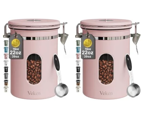 Coffee Canister with Window, Airtight Stainless Steel Container, 22 oz, Pink