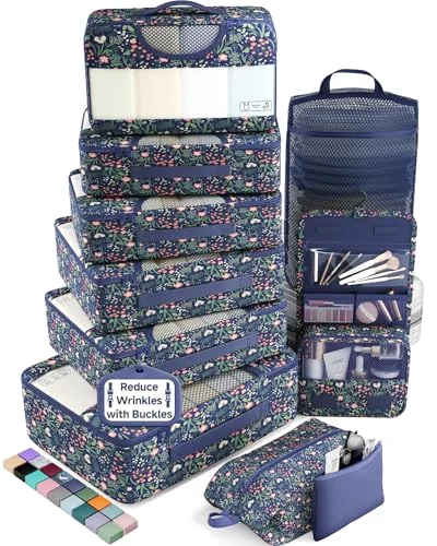 10 Set Packing Cubes for Travel Essentials, Navy Flower