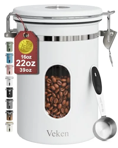 Coffee Canister with Window, Airtight Stainless Steel Container, 22 oz, Jet White