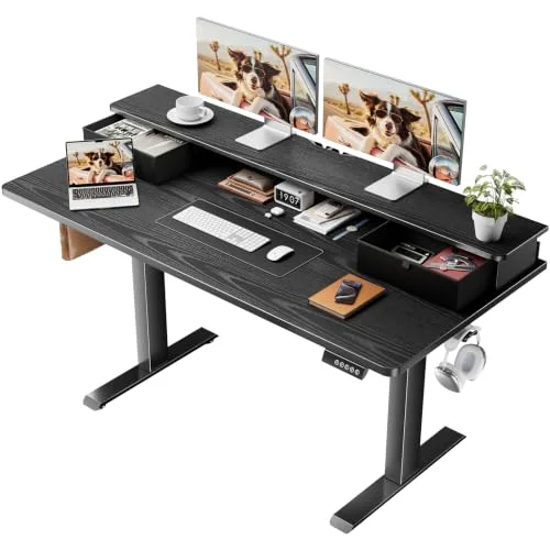 55x26 in Electric Standing Desk with Drawers, Adjustable Table, Black