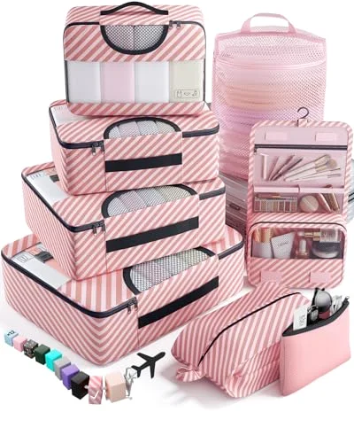 8 Set Packing Cubes for Travel Essentials, Pink Straps