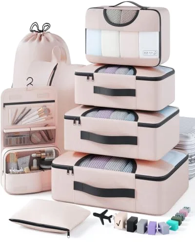 8 Set Packing Cubes for Travel Essentials, Suitcase Organizer Bags in 4, Cream