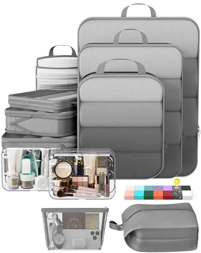 11 Set Compression Packing Cubes Garment Bags for Travel Essentials, Gray