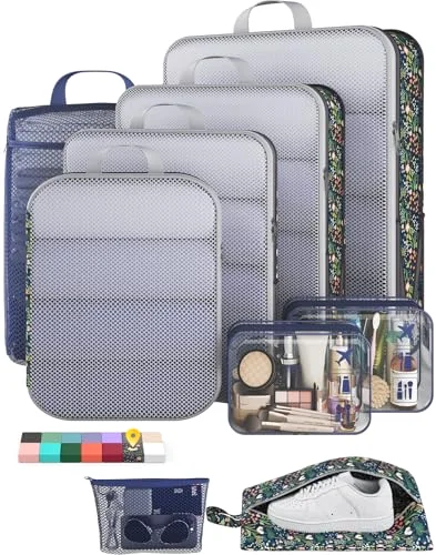 9/11 Set Compression Packing Cubes Garment Bags for Travel Essentials, Dark Blue Floral