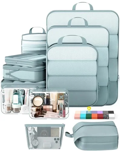 11 Set Compression Packing Cubes Garment Bags for Travel Essentials, Blue Gray