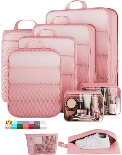 9/11 Set Compression Packing Cubes Garment Bags for Travel Essentials, Pink
