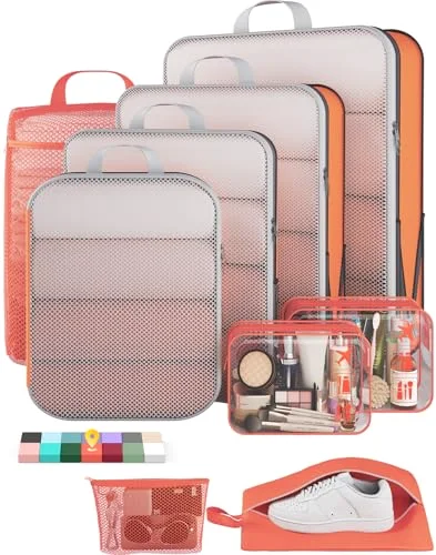 9/11 Set Compression Packing Cubes Garment Bags for Travel Essentials, Orange
