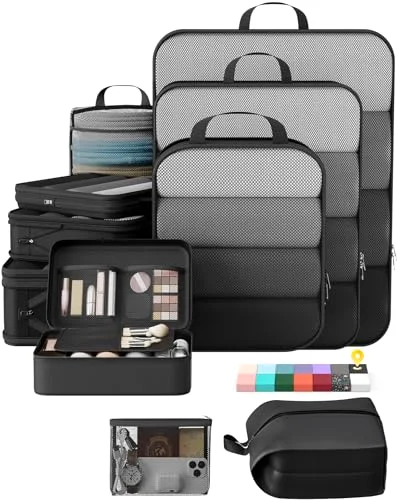 10 Set Compression Packing Cubes Garment Bags for Travel Essentials, Black