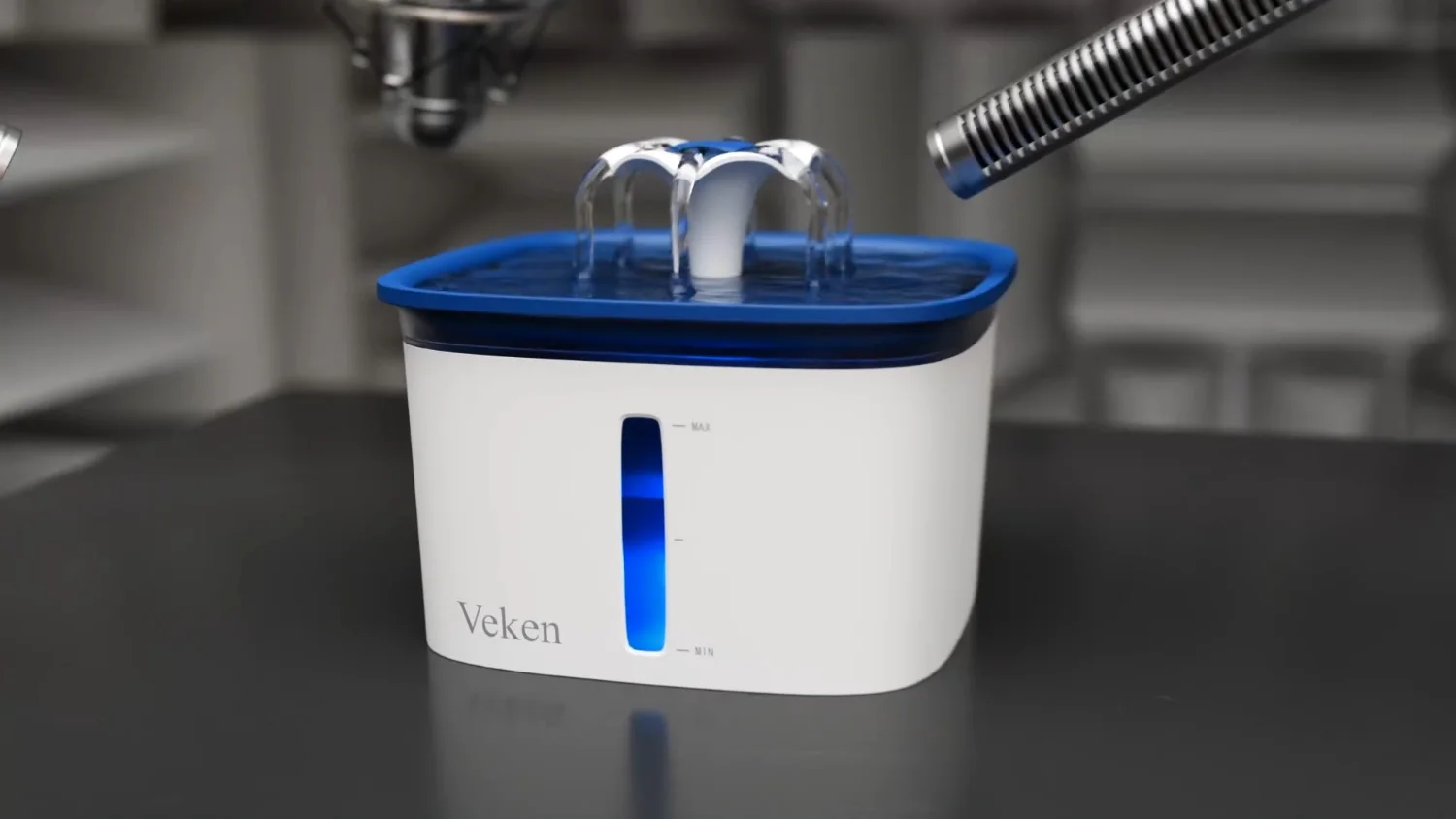 A Veken pet fountain photographed in an anechoic chamber