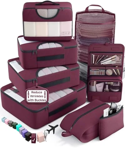 8 Set Packing Cubes for Travel Essentials, Wine Red