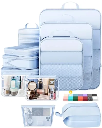 11 Set Compression Packing Cubes Garment Bags for Travel Essentials, Light Blue