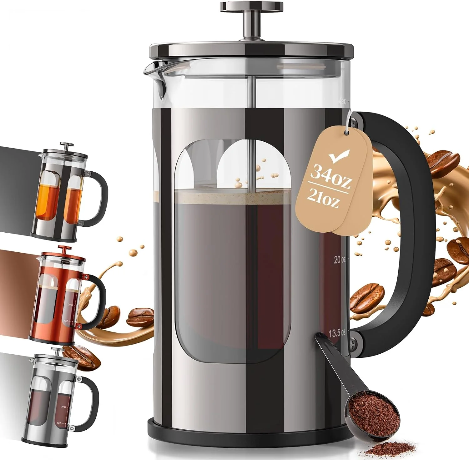 French Press Coffee Maker, No Plastic Touching Cafe, Dark Pewter