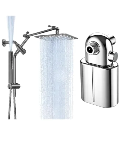 All Metal 10" Gray Rain Shower Head with Handheld&Chrome Shower Filter