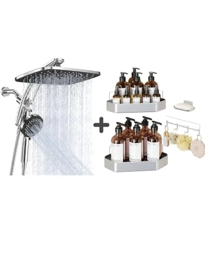 Aluminum Corner Shower Caddy 4-Pack&Rain Shower Head with Handheld