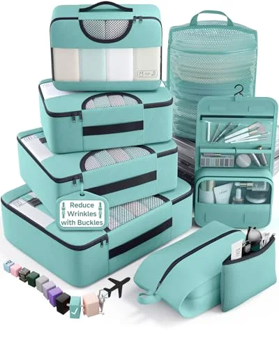 8 Set Packing Cubes for Travel Essentials, Suitcase Organizer Bags in 4, Light Teal