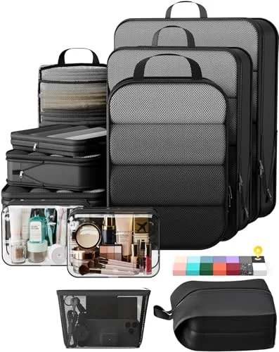 11 Set Compression Packing Cubes Garment Bags for Travel Essentials, Black