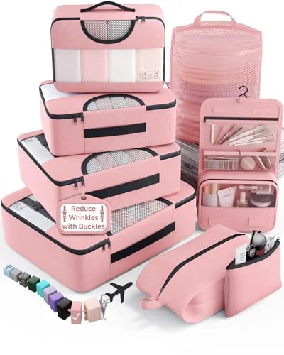 8 Set Packing Cubes for Travel Essentials, Pink