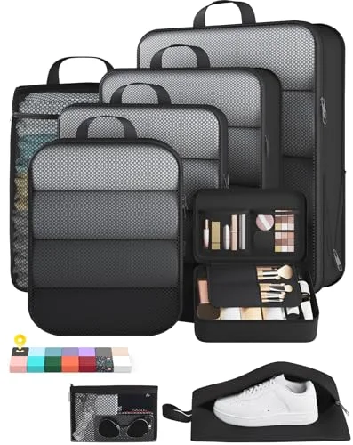8 Set Compression Packing Cubes Garment Bags for Travel Essentials, Black