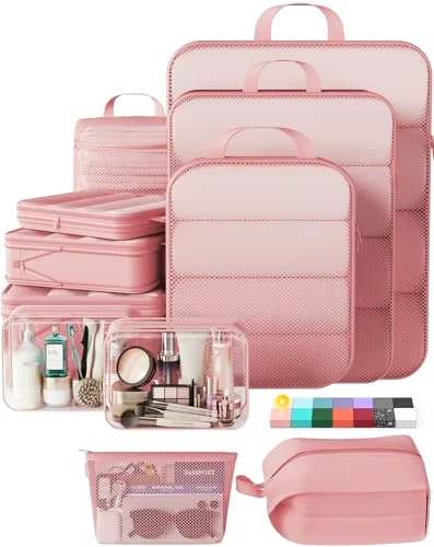 11 Set Compression Packing Cubes Garment Bags for Travel Essentials, Pink