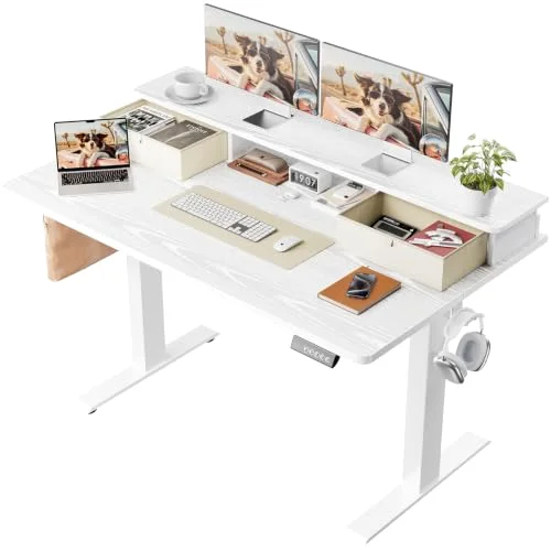 47x28 in Electric Standing Desk with Drawers, Adjustable Table, White
