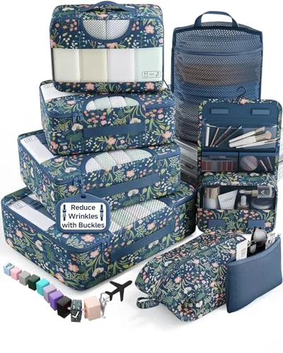 8 Set Packing Cubes for Travel Essentials, Navy Flower