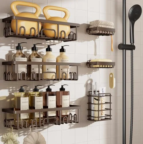 Shower Caddy 6-Pack, No Drilling & Rustproof, Brown