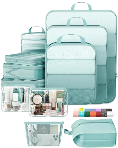 11 Set Compression Packing Cubes Garment Bags for Travel Essentials, Blue Green