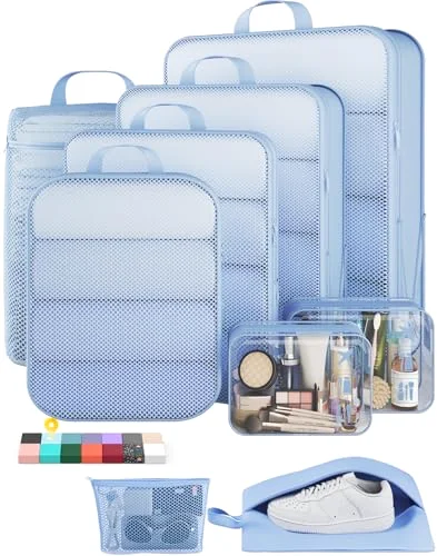 9/11 Set Compression Packing Cubes Garment Bags for Travel Essentials, Light Blue