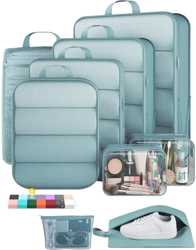 9/11 Set Compression Packing Cubes Garment Bags for Travel Essentials, Blue Gray