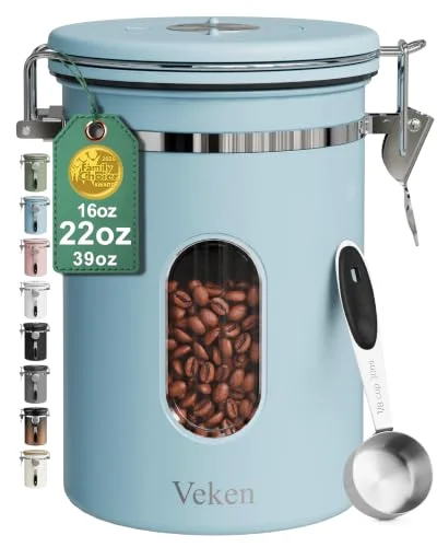 Coffee Canister with Window, Airtight Stainless Steel Container, 22 oz, Light Blue