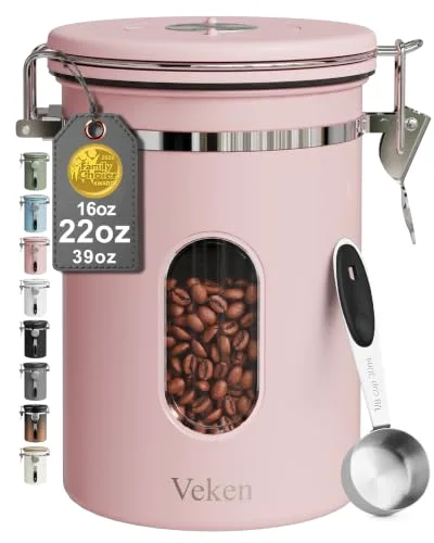 Coffee Canister with Window, Airtight Stainless Steel Container, 22 oz, Pink