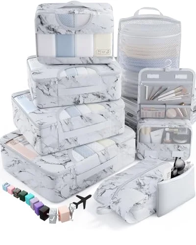 8 Set Packing Cubes for Travel Essentials, Suitcase Organizer Bags in 4, White Marble