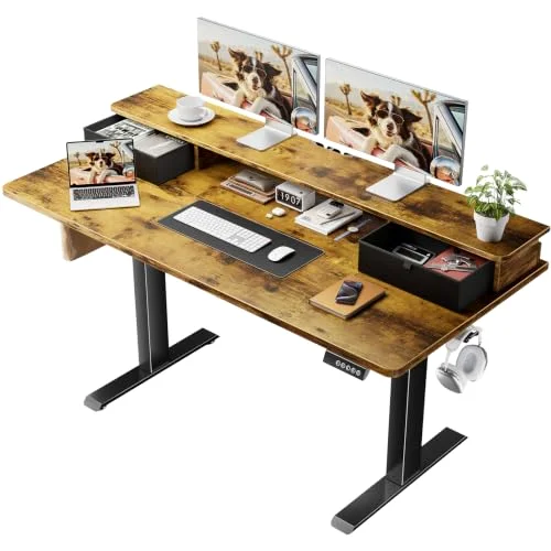 55x26 in Electric Standing Desk with Drawers, Adjustable Table, Brown