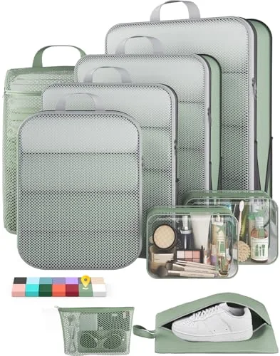 9/11 Set Compression Packing Cubes Garment Bags for Travel Essentials, Matcha Green
