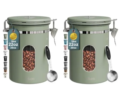 Coffee Canister with Window, Airtight Stainless Steel Container, 22 oz, Green