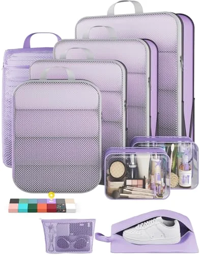 9/11 Set Compression Packing Cubes Garment Bags for Travel Essentials, Light Purple