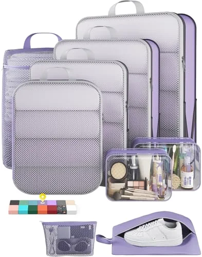 9/11 Set Compression Packing Cubes Garment Bags for Travel Essentials, Purple Gray