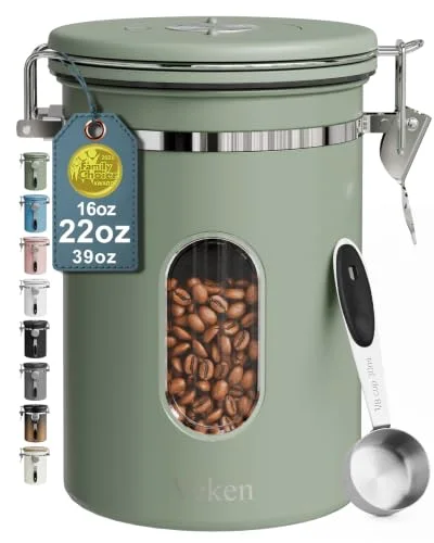 Coffee Canister with Window, Airtight Stainless Steel Container, 22 oz, Green