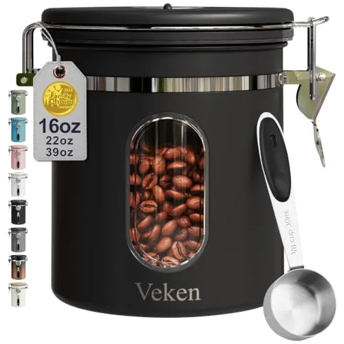Coffee Canister with Window, Airtight Stainless Steel Container, 16 oz, Black