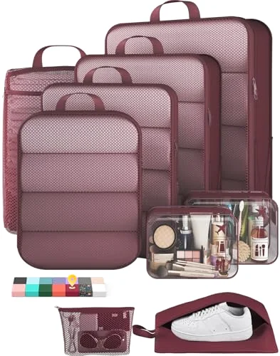 9/11 Set Compression Packing Cubes Garment Bags for Travel Essentials, Wine Red