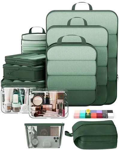 11 Set Compression Packing Cubes Garment Bags for Travel Essentials, Dark Green