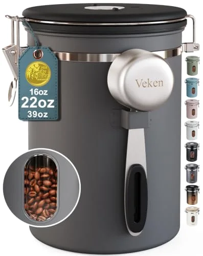 Coffee Canister with Window, Airtight Stainless Steel Container, 22 oz, Grey