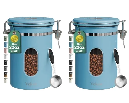 Coffee Canister with Window, Airtight Stainless Steel Container, 22 oz, Light Blue