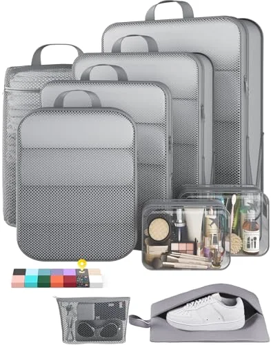 9/11 Set Compression Packing Cubes Garment Bags for Travel Essentials, Gray