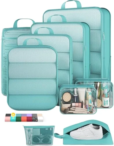 9/11 Set Compression Packing Cubes Garment Bags for Travel Essentials, Blue Green