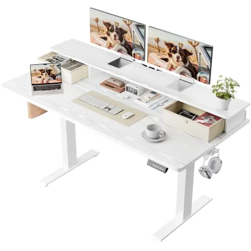 55x26 in Electric Standing Desk with Drawers, Adjustable Table, White